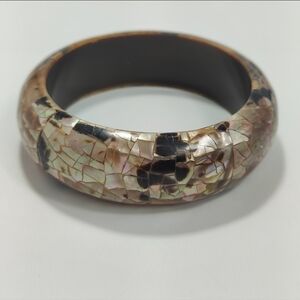 Vintage Tortoiseshell Mother of Pearl Mosaic Bangle Bracelet  Wide Resin Cuff